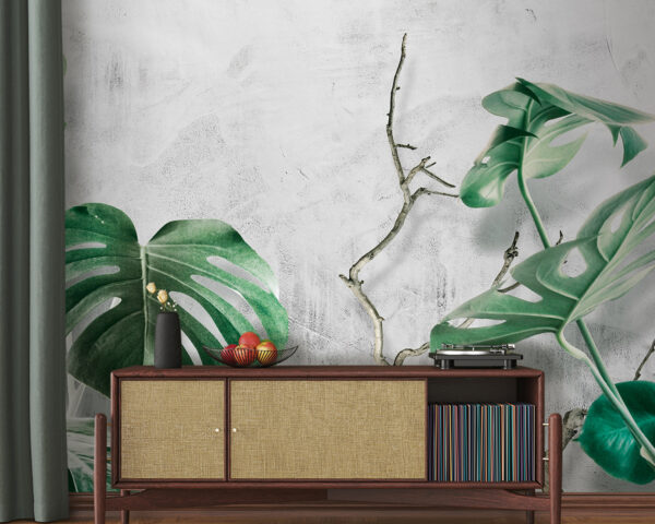 Green leaves against textured wall Wall murals Green leaves against textured wall