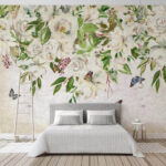 Wall murals Painting of white flowers and butterflies