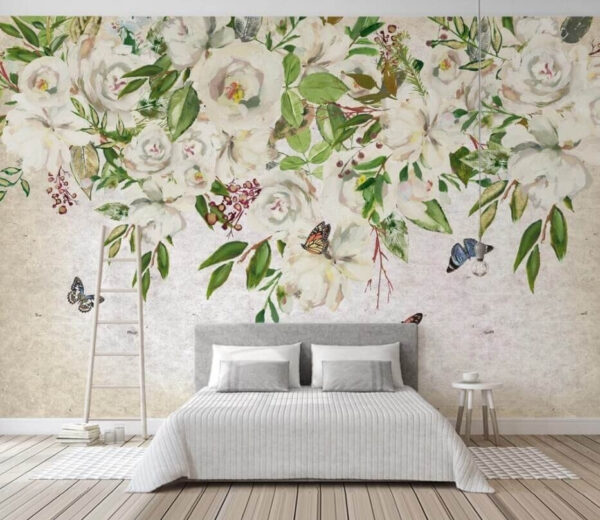 Painting of white flowers and butterflies Wall murals Painting of white flowers and butterflies