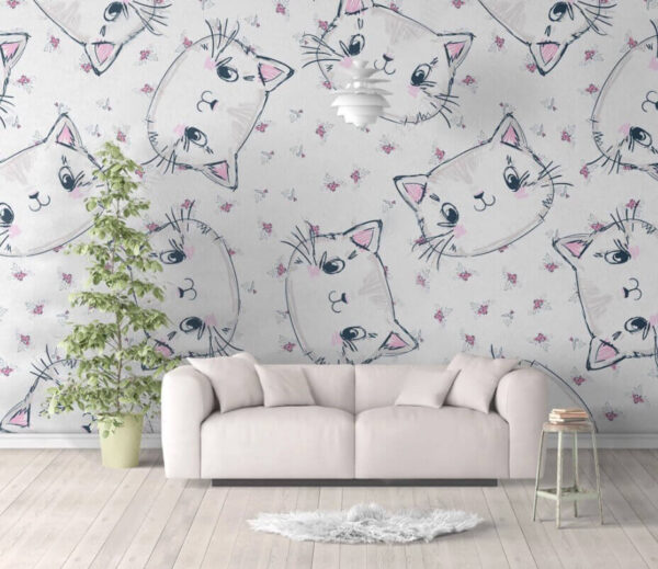 Pattern of cats on a white background Wall murals Pattern of cats on a white background