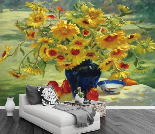 Painting of a vase of yellow flowers and fruit Wall murals Painting of a vase of yellow flowers and fruit