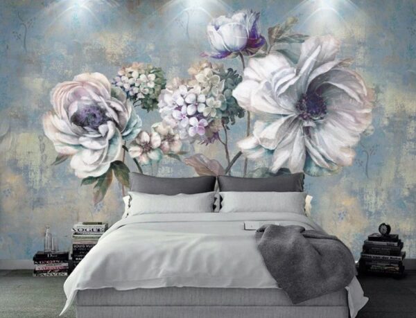 Painting of flowers on a blue background Wall murals Painting of flowers on a blue background