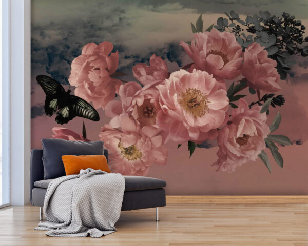 Butterfly flying over a bunch of pink flowers Wall murals Butterfly flying over a bunch of pink flowers