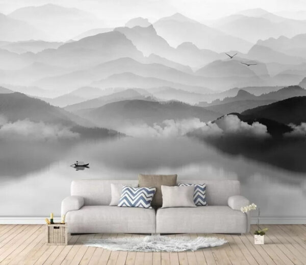 Boat in a lake with mountains in the background Wall murals Boat in a lake with mountains in the background