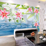 Wall murals Pink lily with green leaves