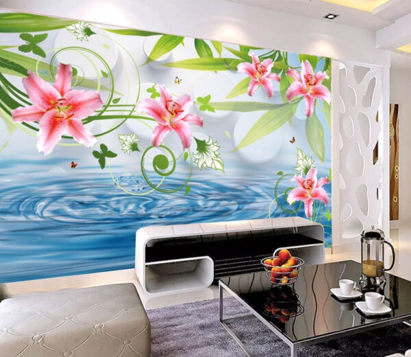 Pink lily with green leaves Wall murals Pink lily with green leaves