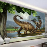 Wall murals Large dinosaur with long horns and long tail