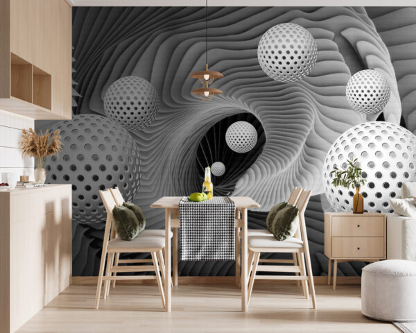 Spheres floating in a wavy tunnel Wall murals Spheres floating in a wavy tunnel