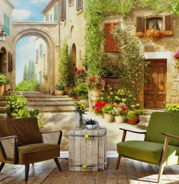 Charming street with vibrant flowers Wall murals Charming street with vibrant flowers