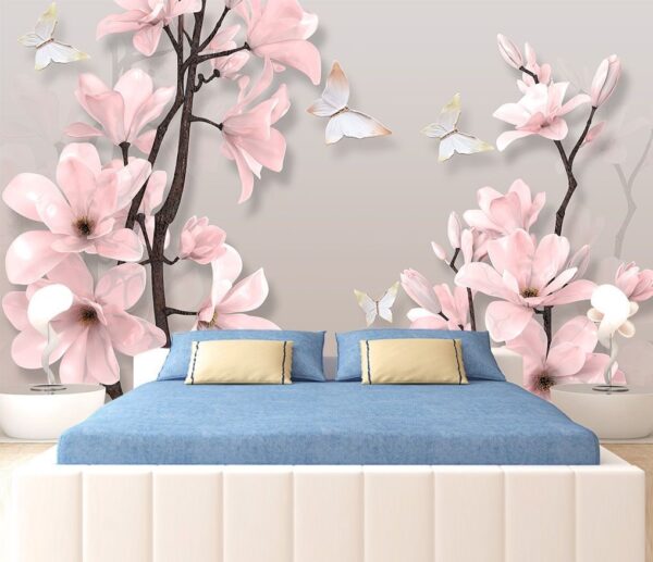 Wall murals Pink flowers and butterflies on a tree