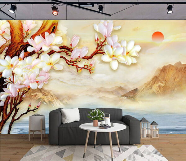 Painting of a branch with flowers and mountains in the background Wall murals Painting of a branch with flowers and mountains in the background