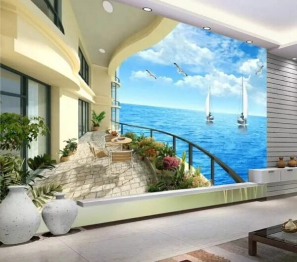 Balcony with a view of the ocean and boats Wall murals Balcony with a view of the ocean and boats