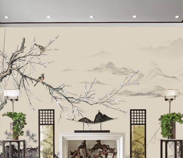 Wall murals Painting of birds on a branch