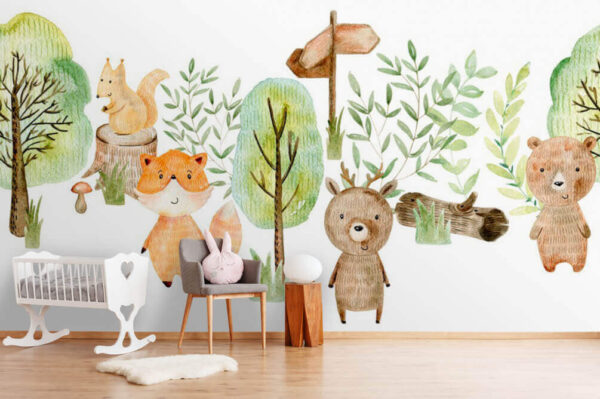 Watercolor illustration of animals and trees Wall murals Watercolor illustration of animals and trees