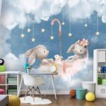 Wall murals Two rabbits in a pink umbrella