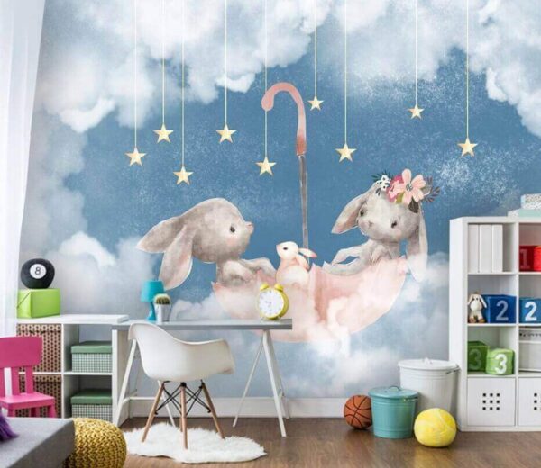 Wall murals Two rabbits in a pink umbrella