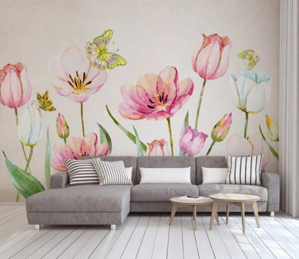 Wall murals Painting of flowers and butterflies