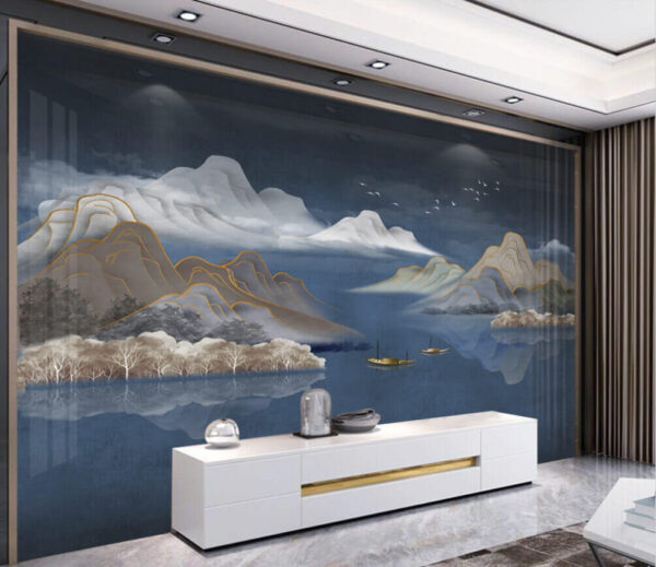 Wall murals Painting of mountains and boats in water