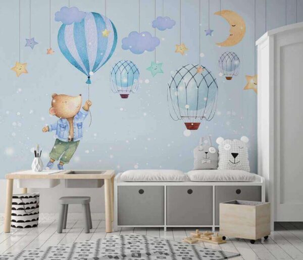 Wall murals Cartoon bear holding a balloon