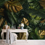 Wall murals Lush leaves in metallic and green tones.