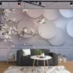 Wall murals Wall mural of birds on a branch with white circles and white circles