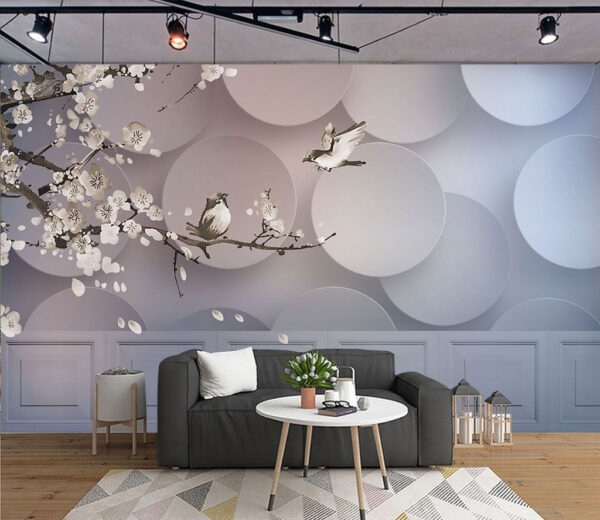 Wall murals Wall mural of birds on a branch with white circles and white circles