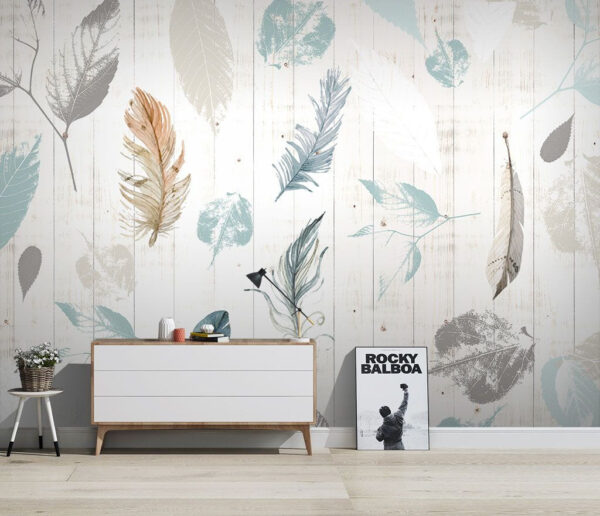 Group of feathers on a wood surface Wall murals Group of feathers on a wood surface