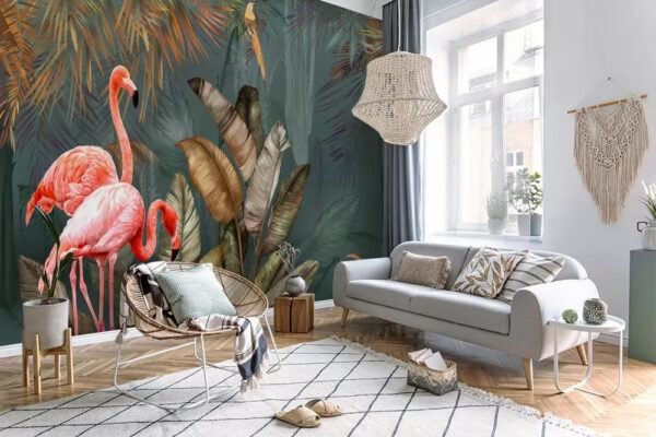 Flamingos in lush tropical paradise Wall murals Flamingos in lush tropical paradise