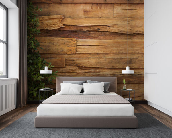 Weathered wooden wall with greenery Wall murals Weathered wooden wall with greenery