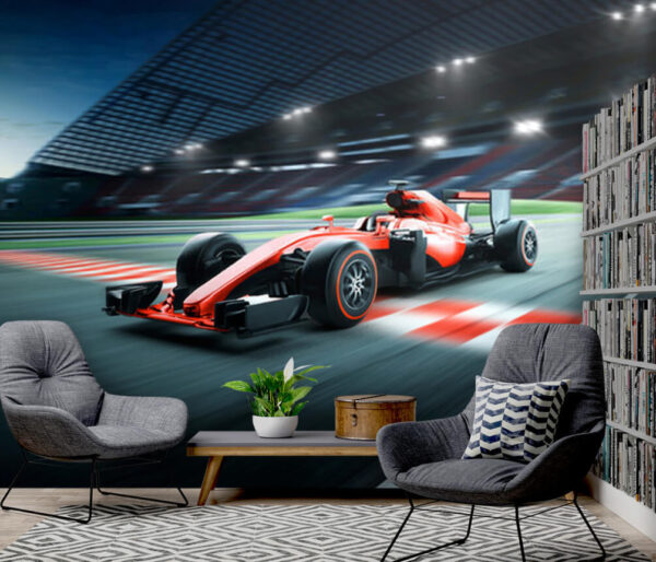 Racing car speeds past finish line Wall murals Racing car speeds past finish line