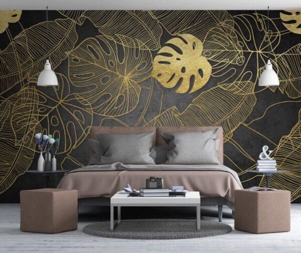 Nature-inspired leaf patterns on dark background Wall murals Nature-inspired leaf patterns on dark background