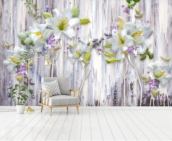 Wall murals Group of white flowers on a wood surface
