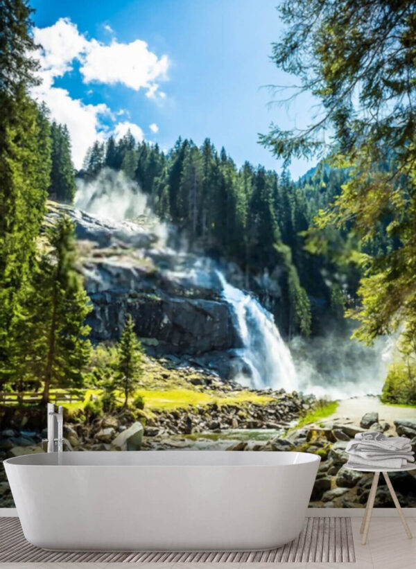 Mountain waterfall amidst lush green forest Wall murals Mountain waterfall amidst lush green forest