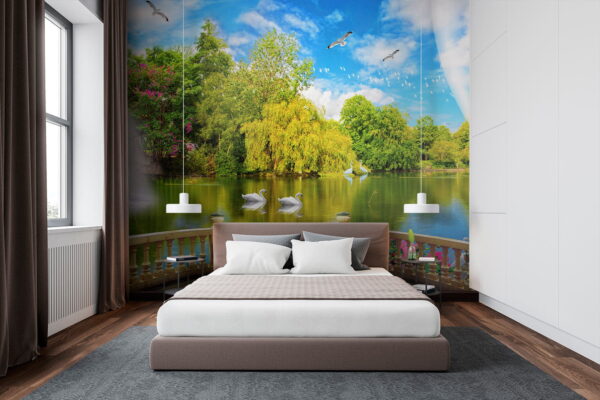 View of a pond with birds and trees Wall murals View of a pond with birds and trees