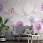 Wall murals Purple flowers and butterflies in harmony