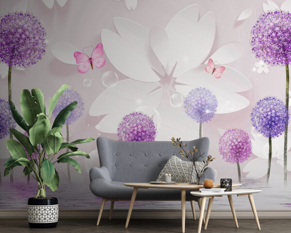 Purple flowers and butterflies in harmony Wall murals Purple flowers and butterflies in harmony