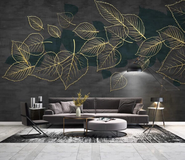 Drawing of leaves on a black background Wall murals Drawing of leaves on a black background