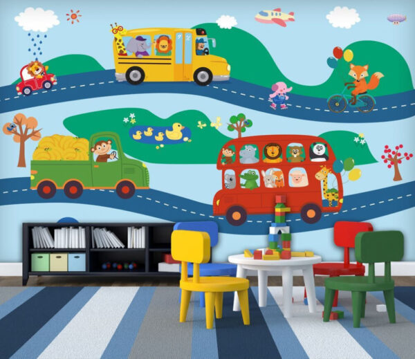 Cartoon of a lion driving a car Wall murals Cartoon of a lion driving a car