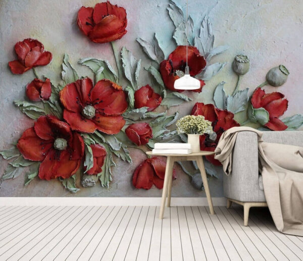 Vibrant red poppies on textured canvas Wall murals Vibrant red poppies on textured canvas