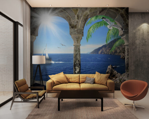 View of the ocean from a stone archway Wall murals View of the ocean from a stone archway