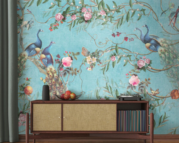 Peacocks and flowers on blue background Wall murals Peacocks and flowers on blue background