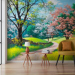 Wall murals Dirt road through a grassy field with trees