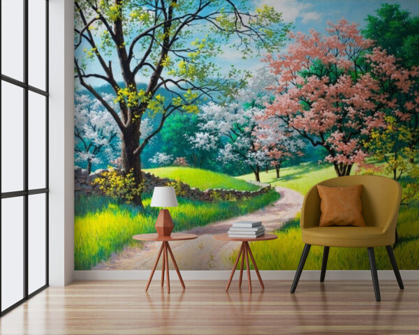 Dirt road through a grassy field with trees Wall murals Dirt road through a grassy field with trees
