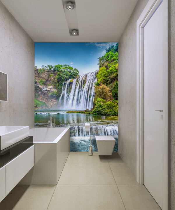 Cascading waterfall amid lush greenery Wall murals Cascading waterfall amid lush greenery
