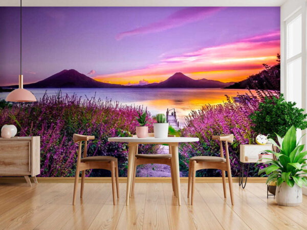 Path leading to a lake with purple flowers Wall murals Path leading to a lake with purple flowers