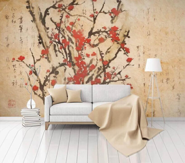 Painting of a tree with red flowers Wall murals Painting of a tree with red flowers