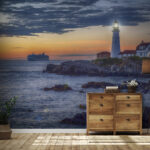 Wall murals Lighthouse on a rocky shore with a cruise ship in the background