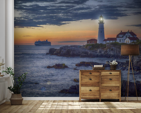 Lighthouse on a rocky shore with a cruise ship in the background Wall murals Lighthouse on a rocky shore with a cruise ship in the background