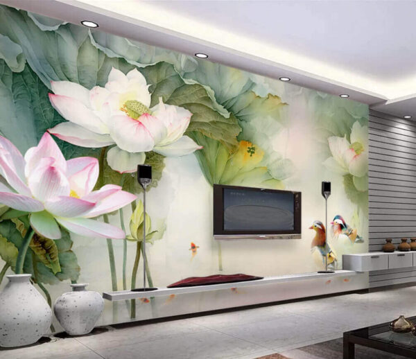 Painting of a duck swimming in a pond with flowers Wall murals Painting of a duck swimming in a pond with flowers