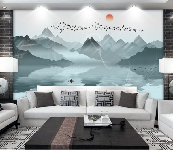 Group of birds flying over a lake Wall murals Group of birds flying over a lake